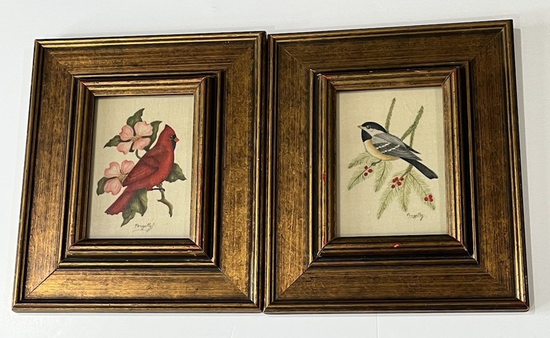 Vintage Theorem Paintings Birds Cardinal Chickadee Pair Barbara Pengelly Framed