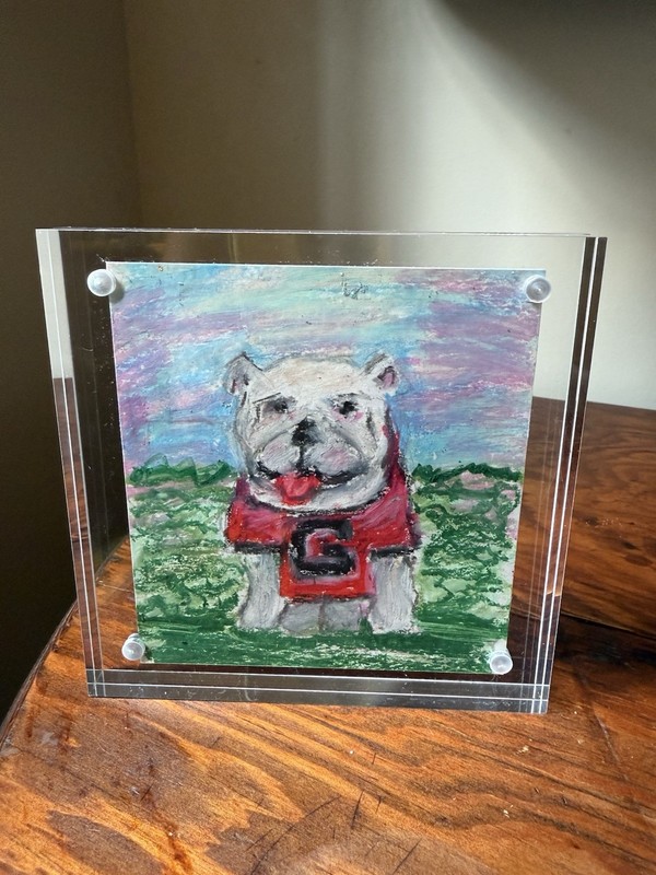 ACEO Art Card Georgia Bulldog Original Oil Crayons On Mixed Media Paper