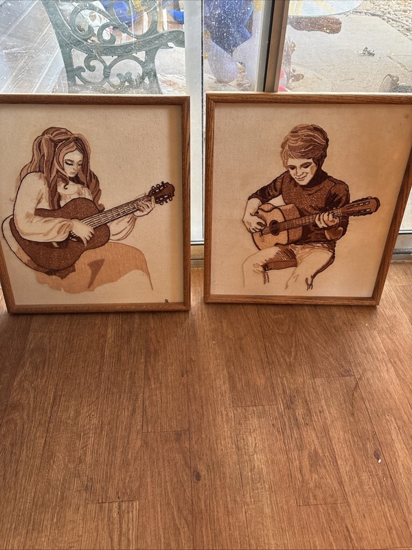 EMBROIDERY ART 1960s Original HAND MADE VINTAGE MCM Girl & boy W/ Guitar
