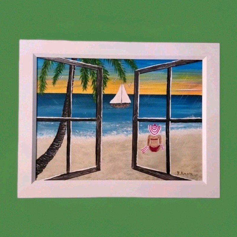 From the Window Ocean Beach Sunbather and Sailboat Framed Painting on Canvas gallery