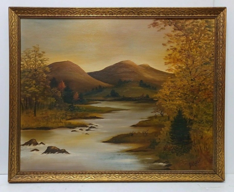 ANTIQUE LANDSCAPE GRAND TETONS & JACKSON RIVER ARTIST J A LABBE Sd ORIGINAL O/C