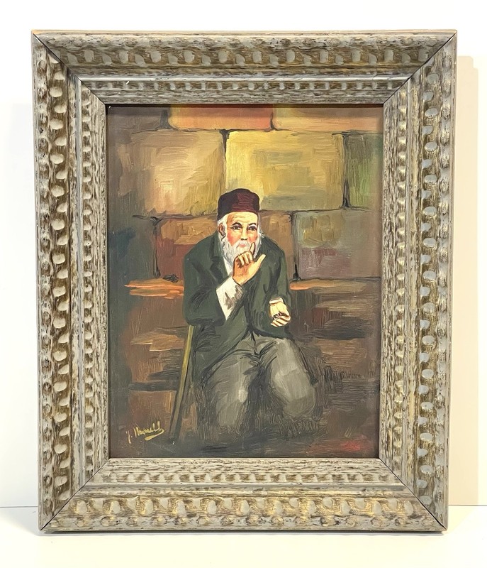 Vintage Painting On Canvas Rabbi Judaica Framed And Signed