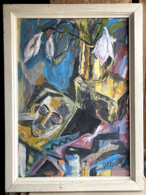 Oil painting masks interior table and flower monogram N.M 1992 frame gallery