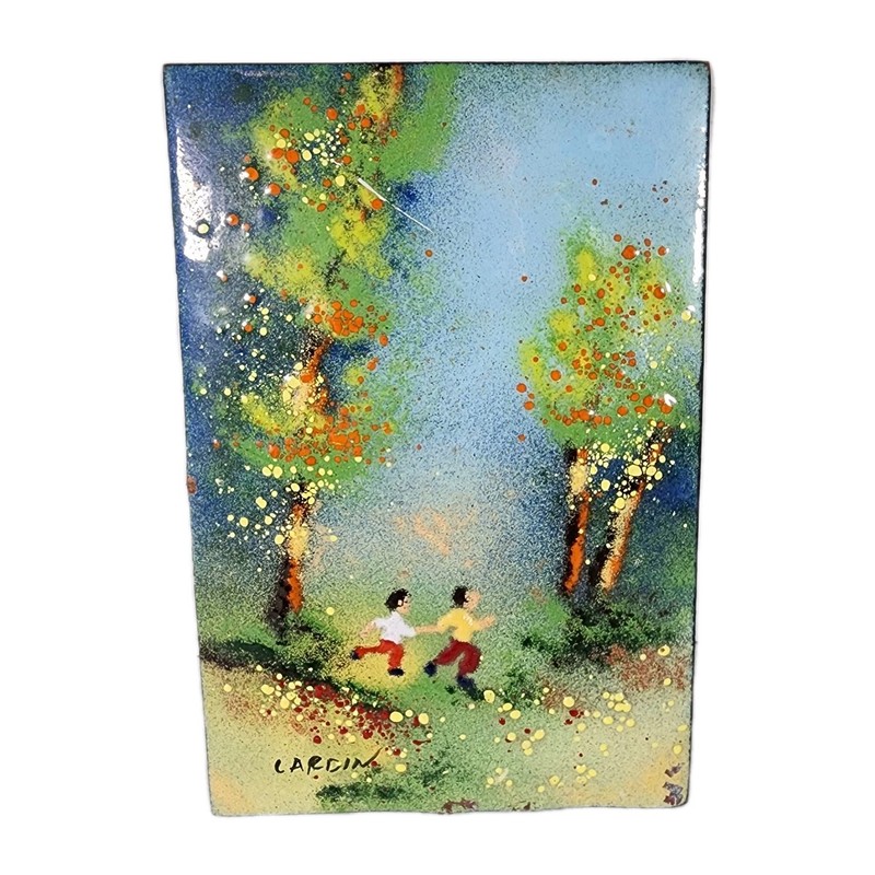 Signed Louis Cardin Enamel on Copper Artwork Children Running In Trees