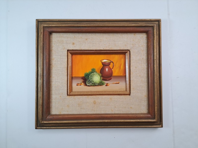 Vintage Framed & Signed Still Life Oil Painting Of Vegetables & Jug By V Weley