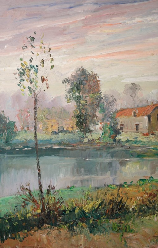 Beautiful Original Impressionist Oil Painting, Home on Lake, Illegibly Signed! gallery