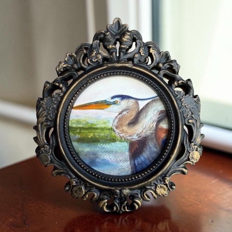 Blue Heron mini watercolor bird print of original painting • ornate frame