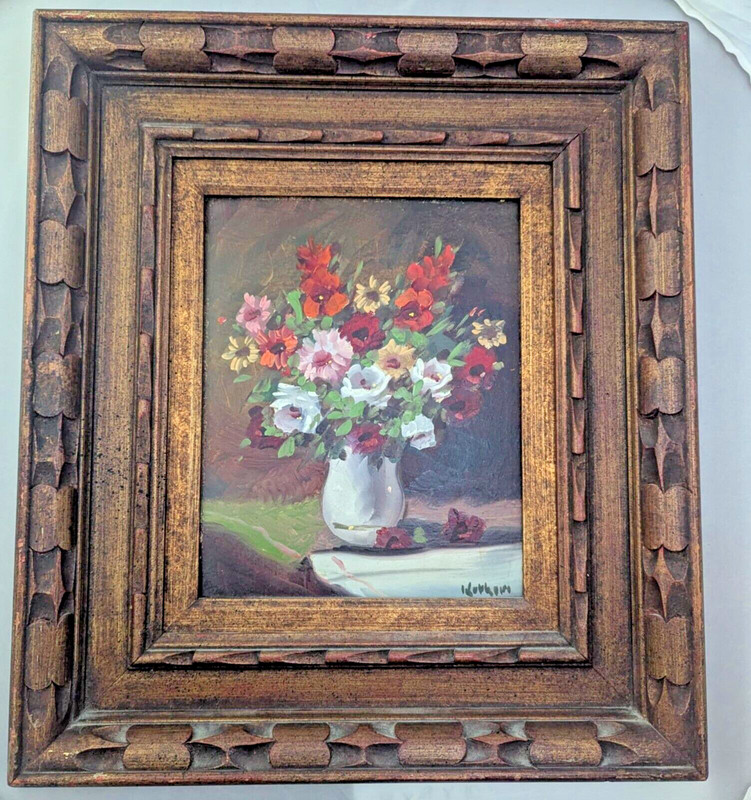 Vtg Oil Painting - Colorful Flower Bouquet in Vase, Signed, Framed 15x17" gallery