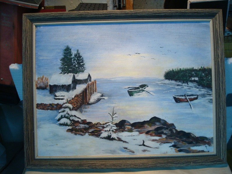 Original Art Painting Winter lake scene – Signed – Oil on Paper –
