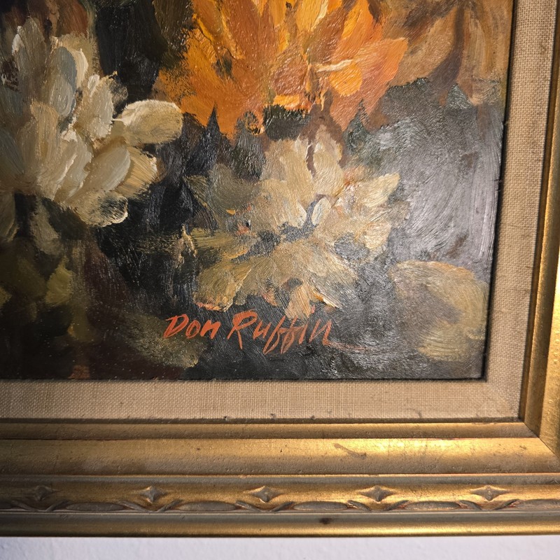 Vintage Original Signed Don Ruffin Oil On Board Portrait Lady Woman Flowers MCM gallery