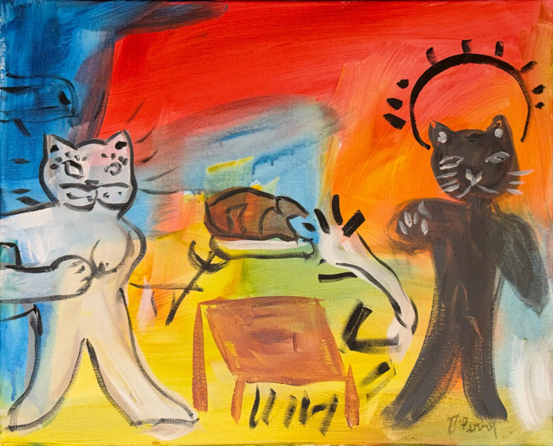 Two Cats Fighting Over Turkey Neo-Expressionist Original Acrylic Painting 16×20