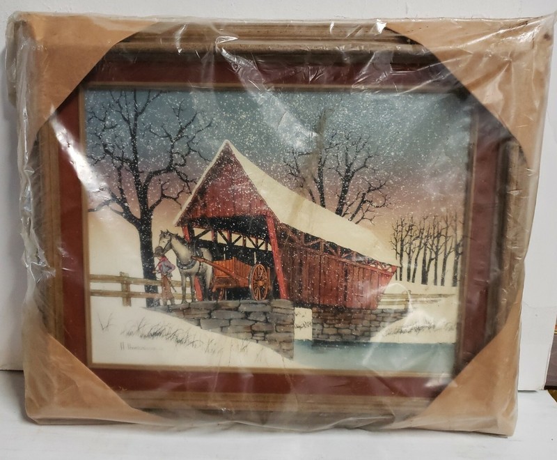 H. HARGROVE OIL PAINTING WINTER COVERED BRIDGE, Boy Horse & Cart SIGNED & Framed