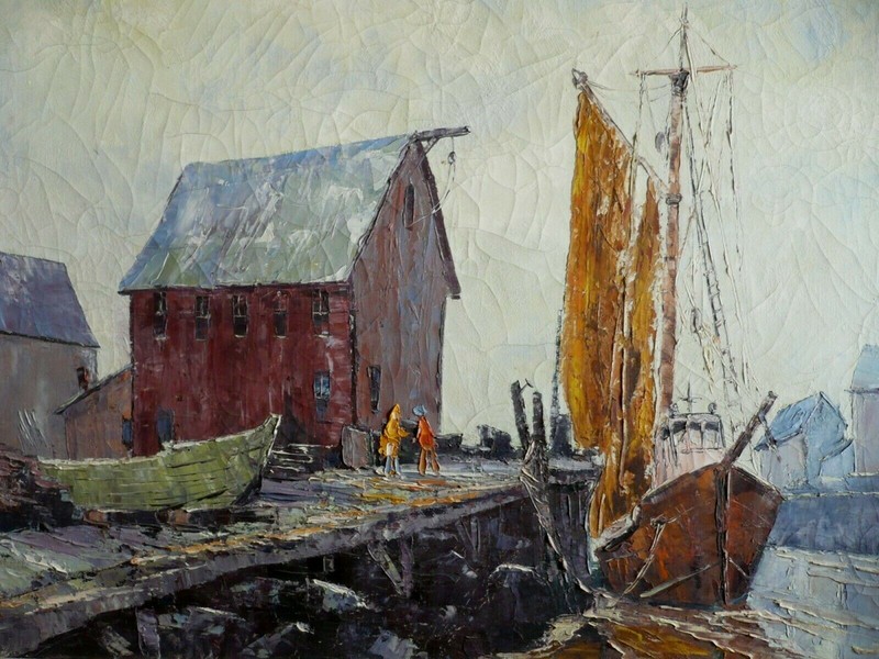 FRANCIS PULITO, LISTED CT CONNECTICUT DOCK HARBOR BOATS MODERNIST 70s CHUNKY OIL gallery