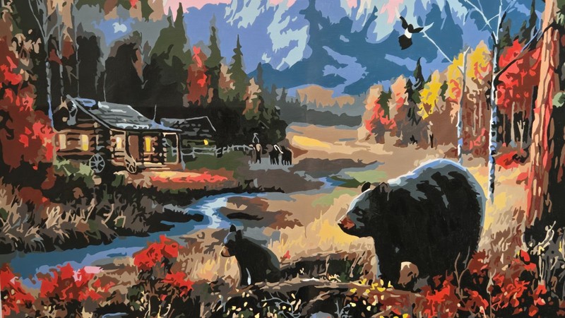 Bear Cabin River Mountains completed Paint by Number Canvas 16 X 20 Unframed gallery