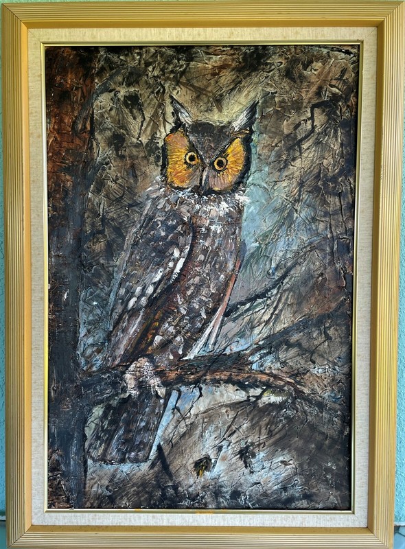 42.25″ Signed Oil Painting Portrait Owl Wildlife Art Impasto Goff on Canvas