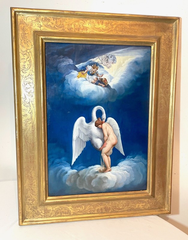 vintage original nude lady with swan whimsical whimsy oil painting on copper