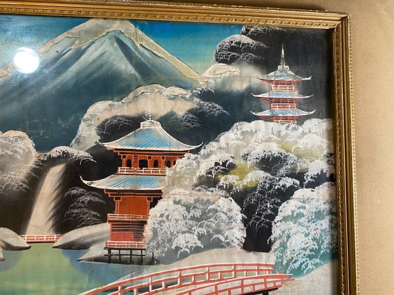 Vintage "Mt Fuji Bridge And Landscape Scene" Mixed Media Painting - Framed gallery