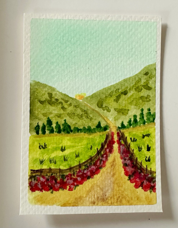 ACEO Original Watercolor Landscape Mountains Path Flowers Paper Unframed