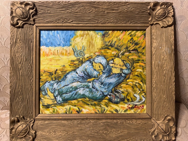 After Van Gogh «The Siesta» Oil On Canvas Painting – Signed And Framed