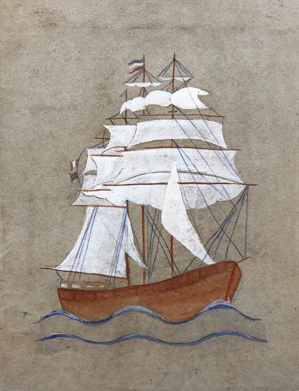 Three Masts, Boat, Watercolor And Gouache, Dated 1942