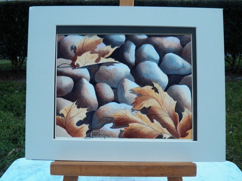 Alice Perzigian Watercolor PAINTING Pebbles and Autumn Leaves Signed