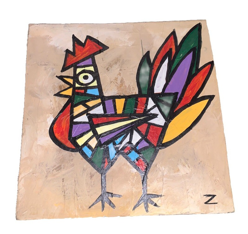 Modern Abstract Chicken Rooster Canvas On Board 7”Square Signed Z gallery