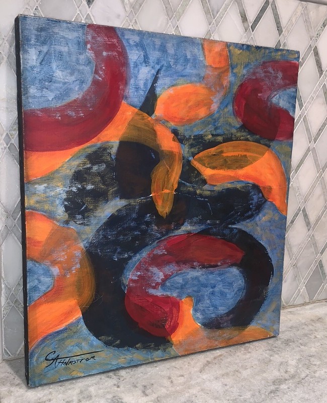 VTG 1984 CA Holmstrom ‘Promordial Soup’ Blue Org Blk Red Modern Canvas 18”x20” gallery