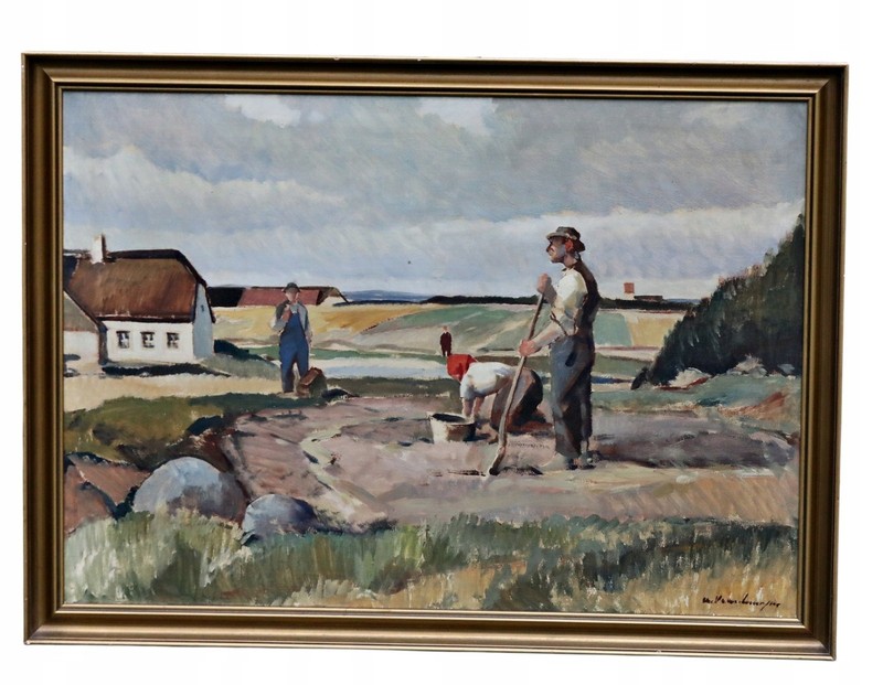 Christian Valentinusen Farm with Figures Oil Painting Signed Original with Frame