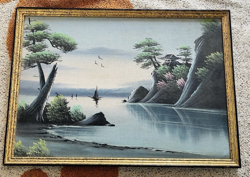 Vintage 21”x15” Oil On Canvas Framed Japanese Landscape Art