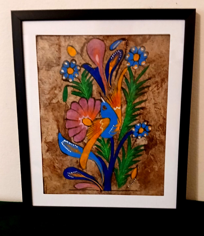 Vintage Hand Painted Mexican Folk Art Amate Bark Painting Framed 8″ x 10″