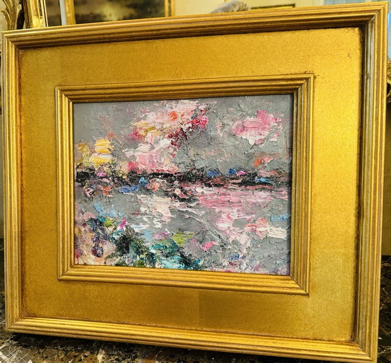KADLIC Original Oil Painting Modern Abstract Landscape Pink Gray Gold Gilt Frame gallery