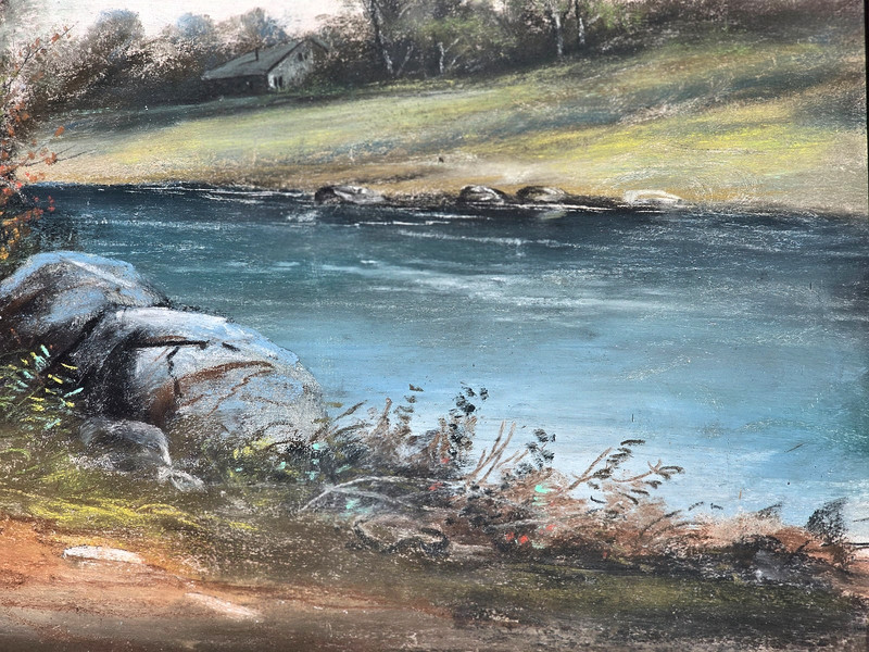 Scenic Vintage Chalk Pastel by DeWitt Cleaned with Acid Free Backing Oak Frame gallery