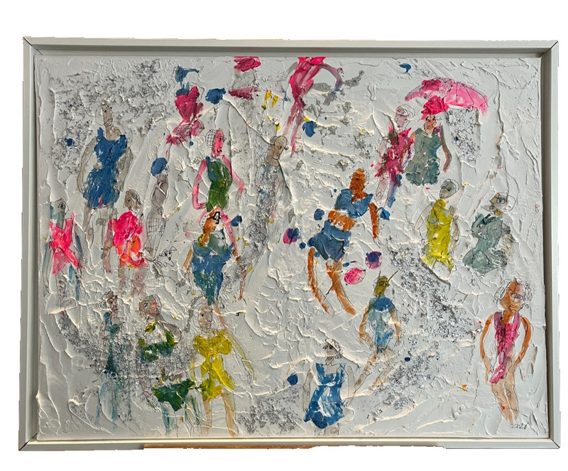 Beach Women Holiday Abstract Acrylic Picture Neon Modern Textured Plaster Relief 80×80