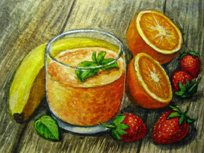 Watercolor Painting Fruit Smoothie Glass Drink Strawberry Banana Orange ACEO Art