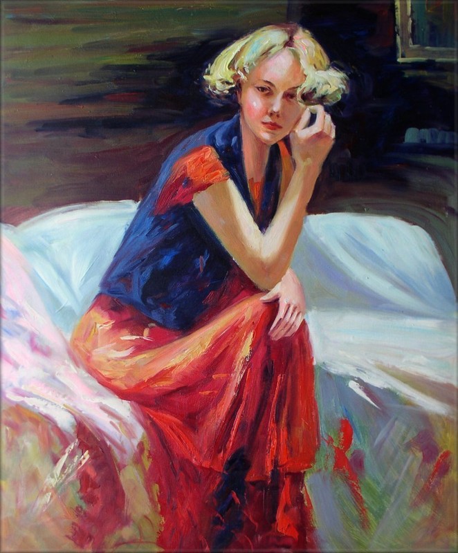 Quality Hand Pianted Oil Painting, Lady in Thought, 20x24in