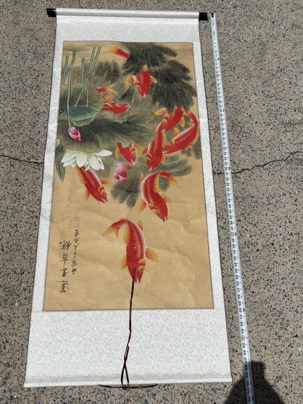 Chinese Fengshui Koi Fish Color Ink Scroll Painting Quality Large Wall Art gallery