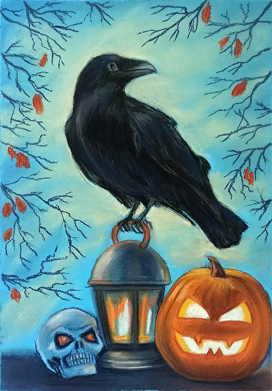 Raven Crow Black Bird Pumpkin Halloween art Original pastel painting 8х11″