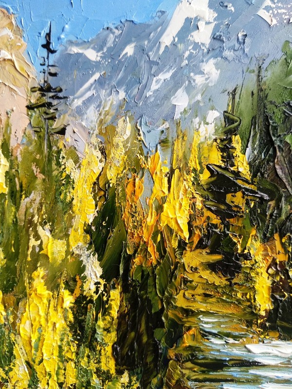 Mountain Stream with Pine Trees Original Oil Painting Nature Landscape Art gallery