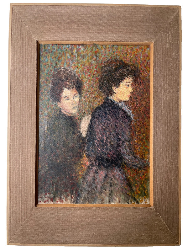 Early 20th - French Pointillism Divisionism Oil Painting - Two Women in a Garden gallery