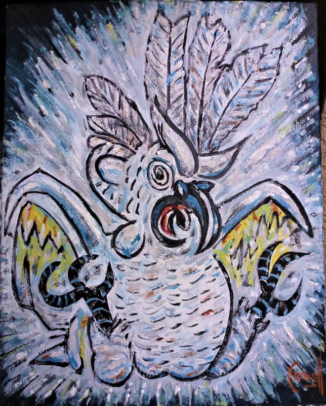 WILD CRAZY COCKATOO bird pet original 8×10 wood new painting signed Crowell