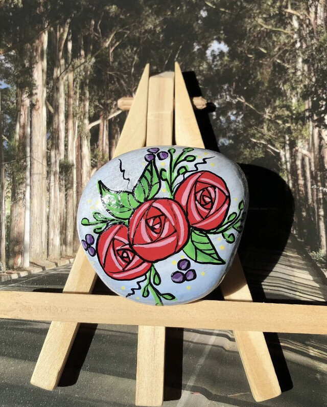 Painted rock with acrylic painting/ Sealed with art Resin/ Red Flowers