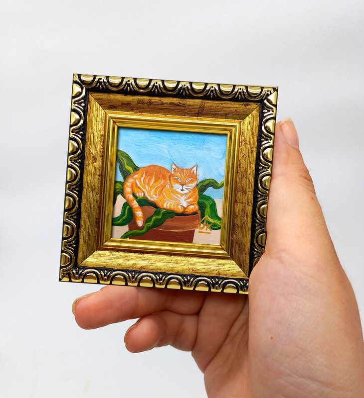 Orange Cat in Flower Pot Mini Oil Painting Original Cat Art Cat Lover Gift