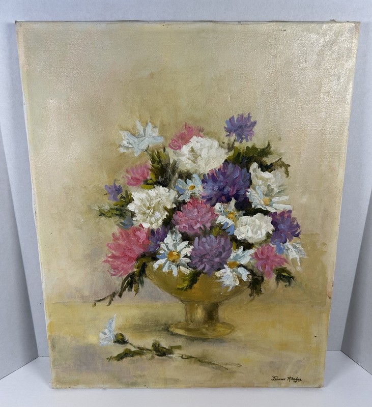 Vintage Mid Century Floral Oil Painting Flowers Vase Still Life 16 X 20 Signed