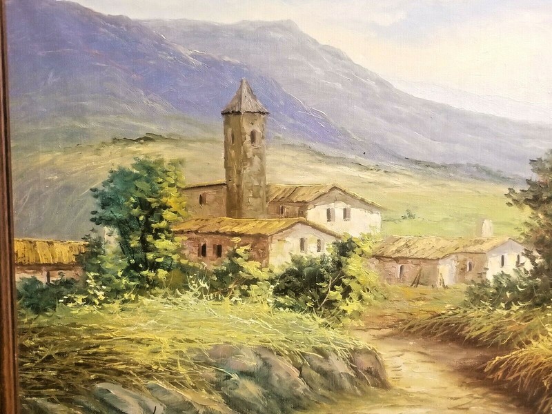 BEAUTIFUL COLORFUL WELL DONE O/C PAINTING MOUNTAINS & FARM WATCHTOWER ca 1960's gallery