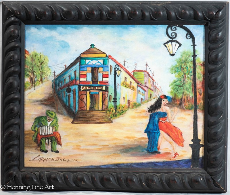 Carmen Badia Oil Painting South American Village Dancing Lovers, Fine! 21 x 25″