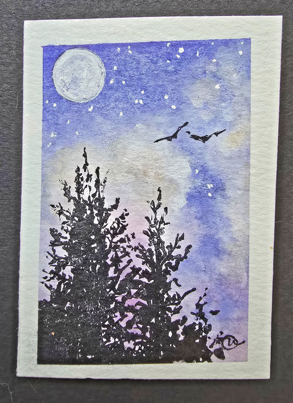 ACEO Original Watercolor Painting Cloudy Moonlight Night Sky signed OOAK