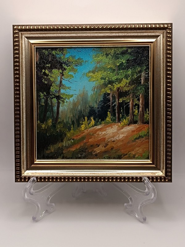 Original Miniature Oil Painting Forest Landscape Framed Impasto Pine Trees Art gallery