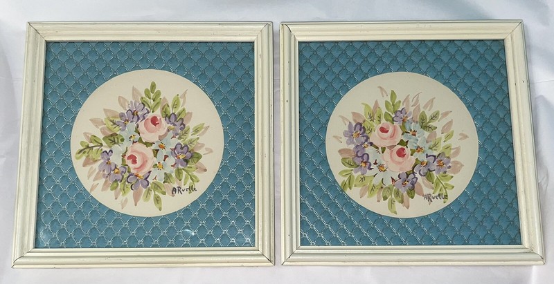Pair Vintage Original A. Ruelle Watercolor Floral Paintings 1930s 40s California