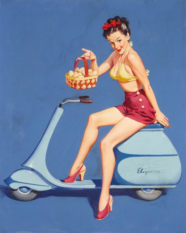 Gil Elvgren VESPA Original Painting Pin-Up Leg Pinup on a 40s SCOOTER