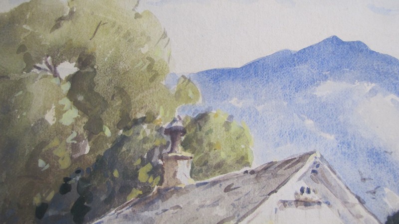 VTG Davis Francis Schwartz Watercolor, Ranch Home, Mountain, Chickens/Rooster gallery